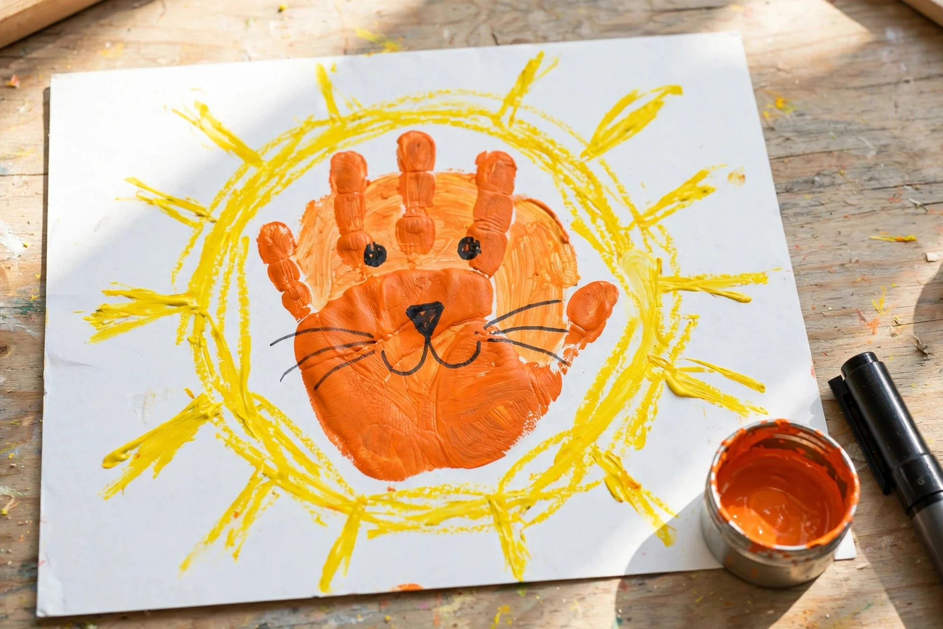 Finished handprint lion craft made from an orange painted handprint with a yellow mane drawn around it