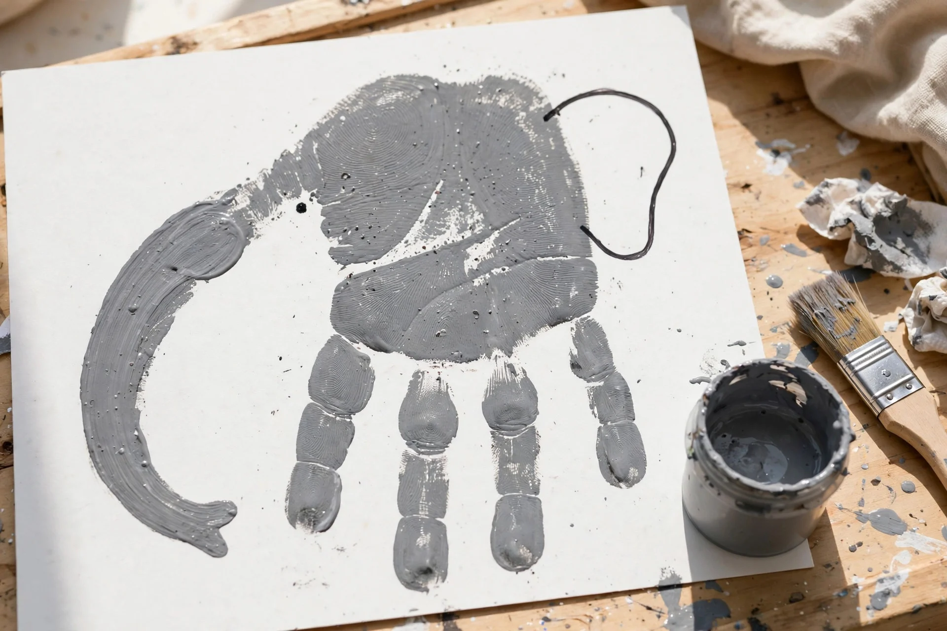 Gray handprint elephant craft with the thumb forming the trunk and fingers as legs