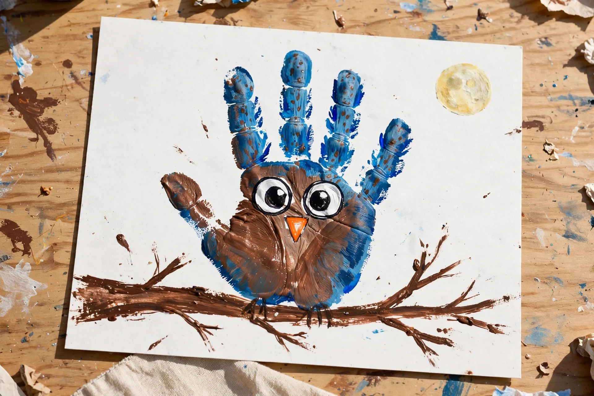 Handprint owl craft in brown and blue sitting on a painted tree branch with big round eyes