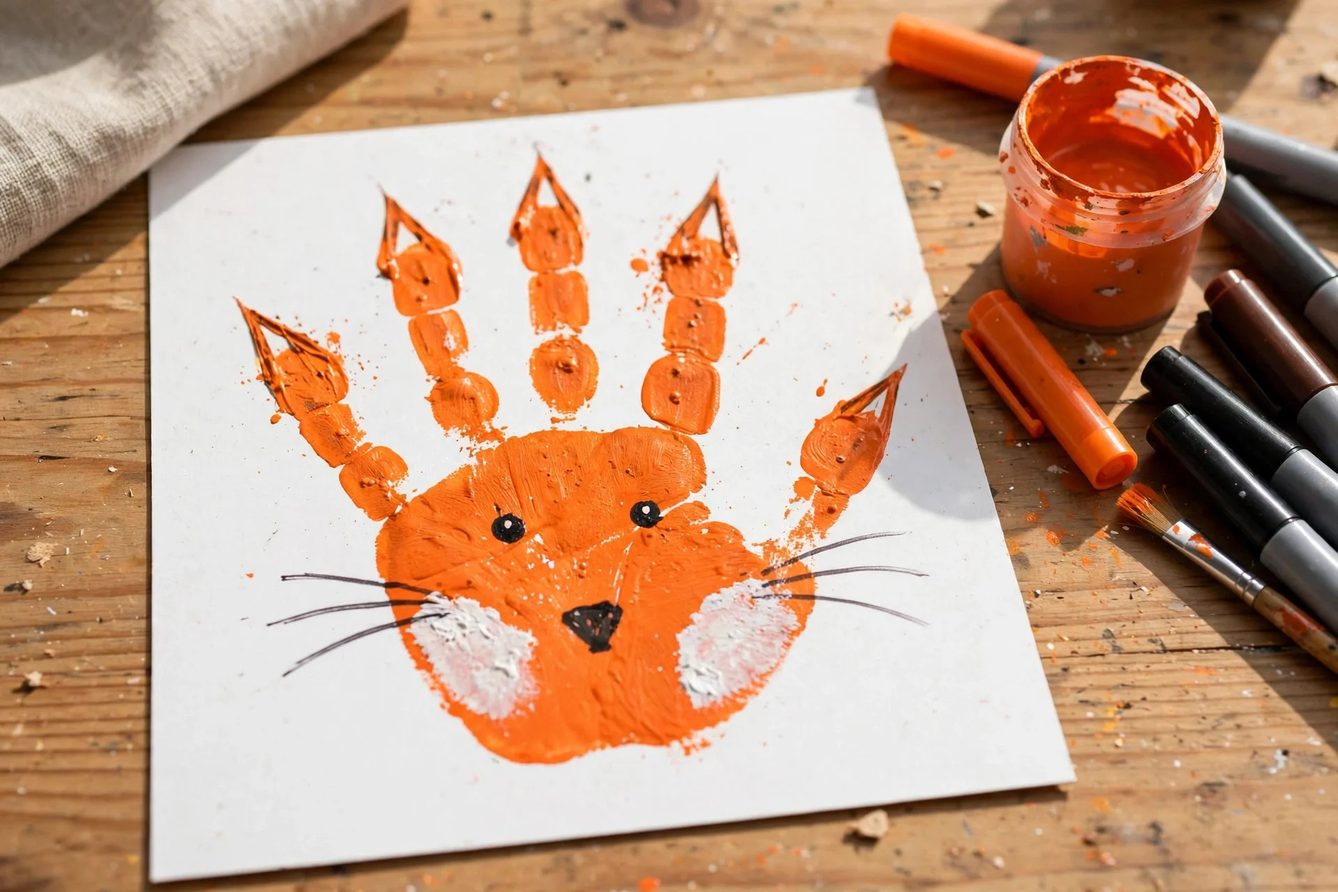Orange handprint fox craft with white cheeks and a black nose drawn in marker