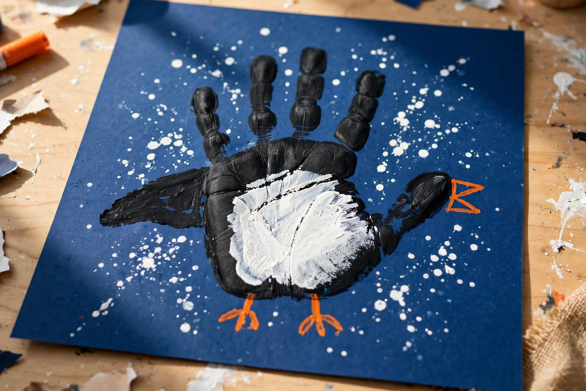 Handprint penguin craft in black and white on blue paper with white snow dots