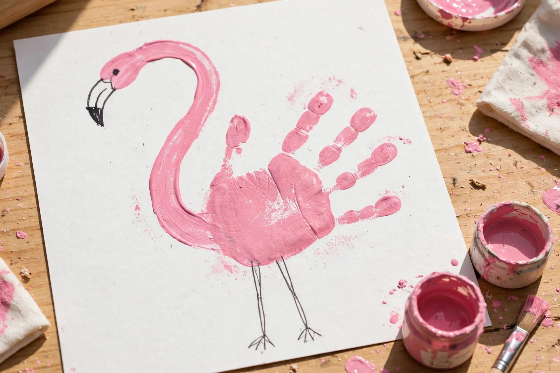 Pink handprint flamingo craft with a long curved neck painted from the thumb