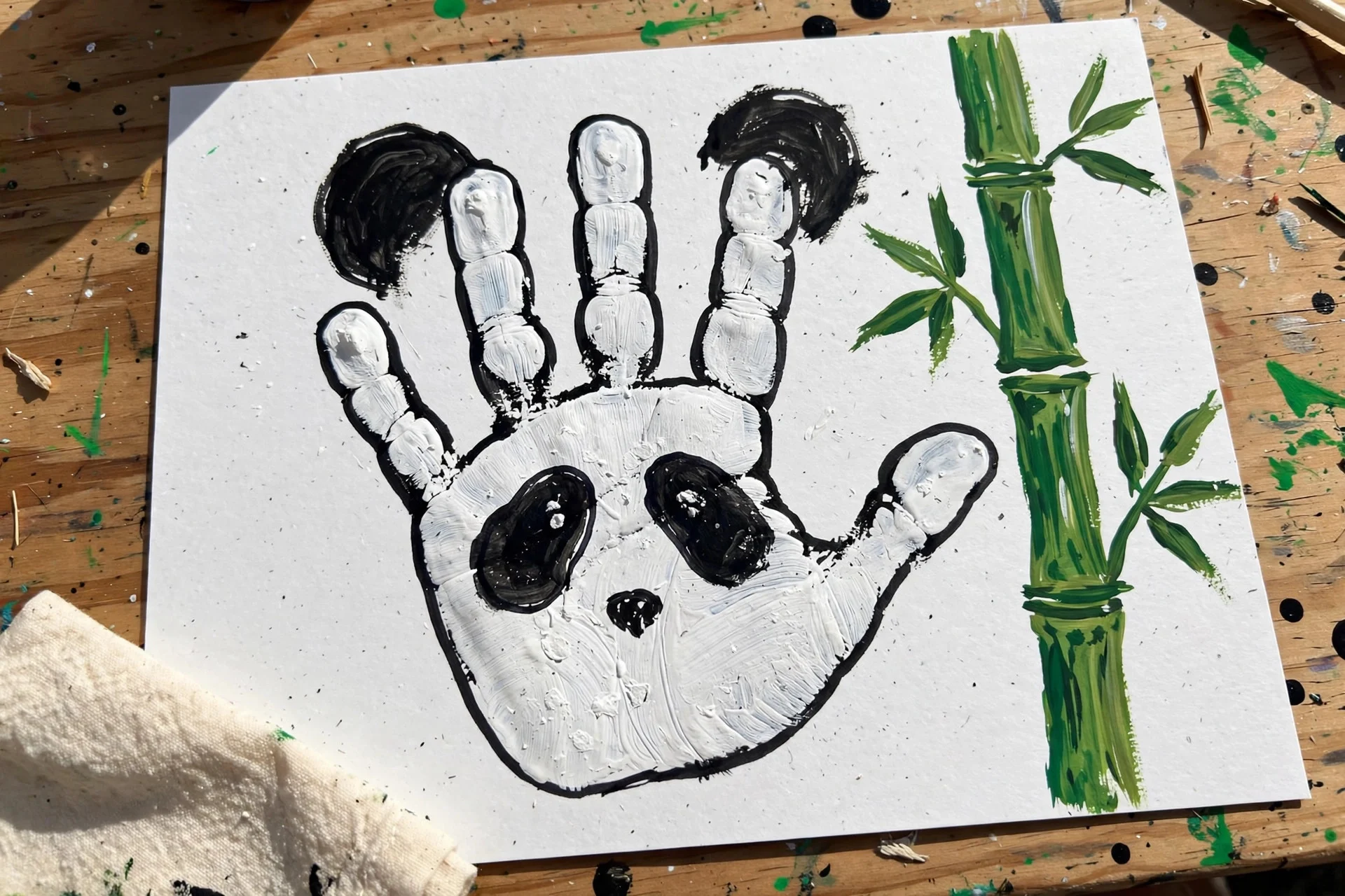 Black and white handprint panda craft with black ears and eye patches