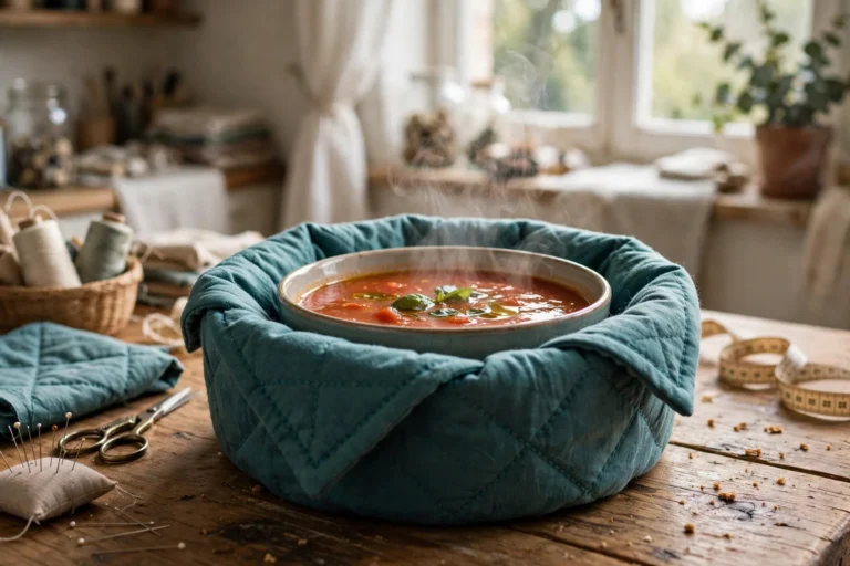 Finished bowl cozy holding a hot bowl of soup on a wooden kitchen table