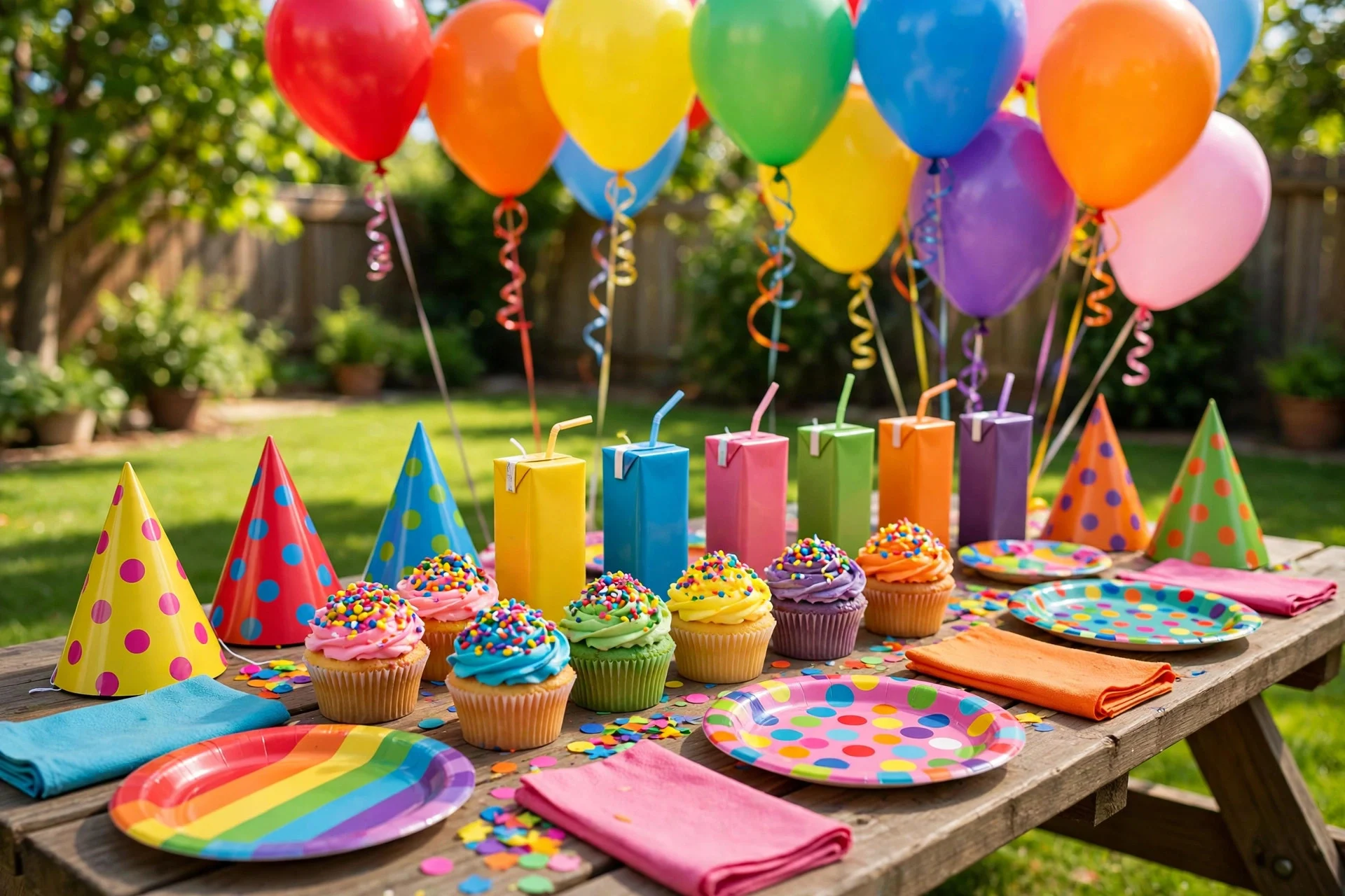 Kids' birthday party table with bright balloons, cupcakes, and party hats