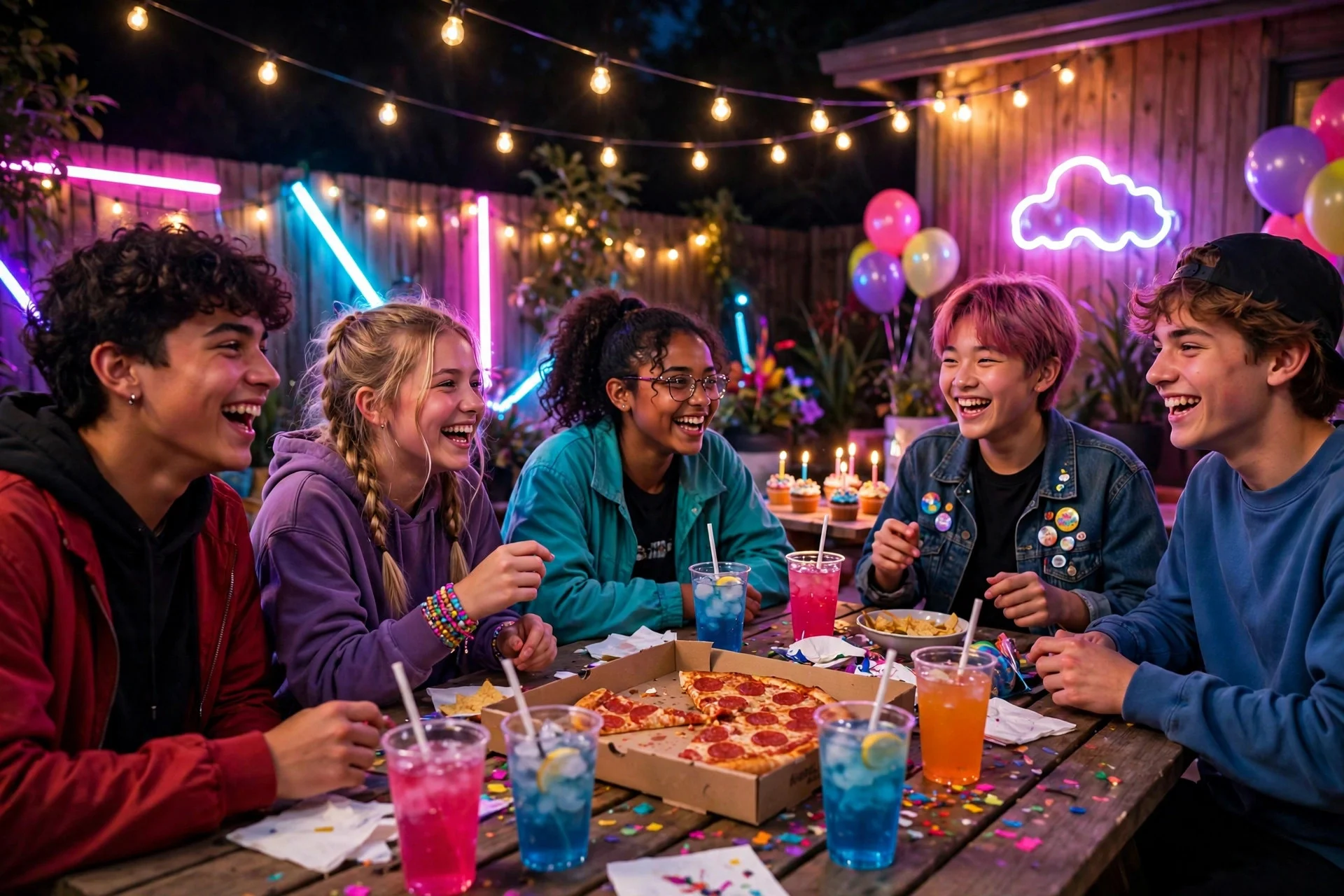 Teen birthday party with neon lights, pizza, and friends laughing together