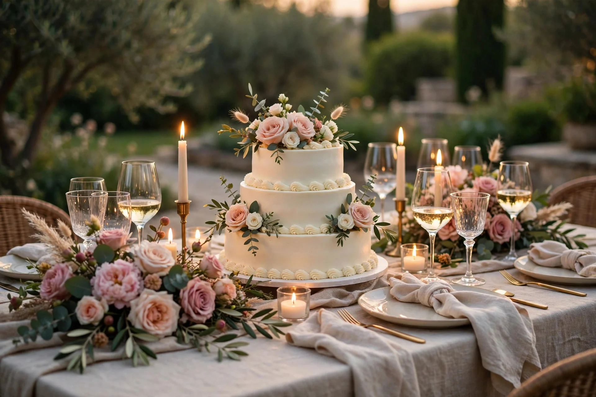 Elegant adult birthday dinner table with candles, wine glasses, and a cake