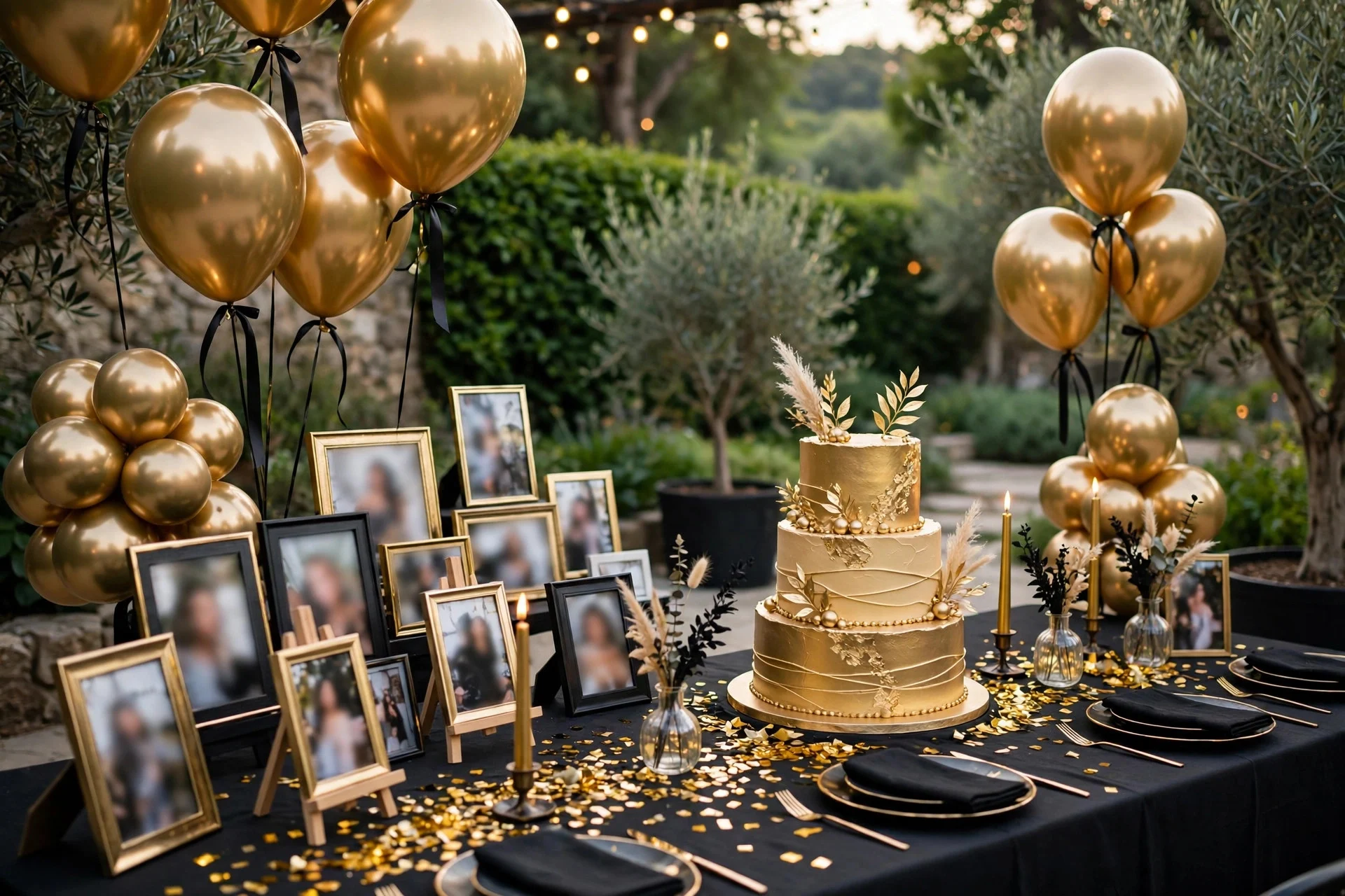 50th birthday party decor in gold and black with balloons and a photo display
