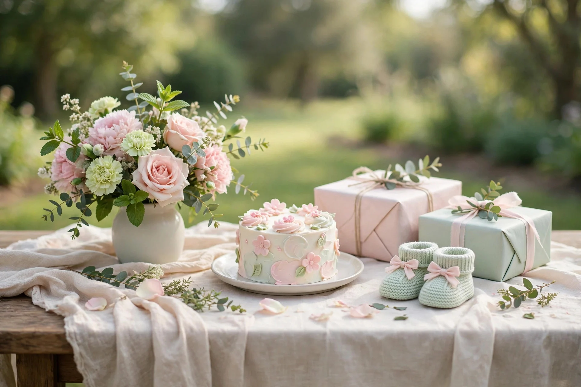 Soft pastel baby shower table with flowers, gifts, and a small cake