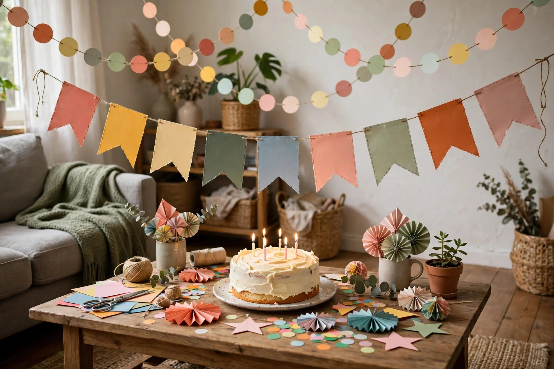 Cheerful at-home birthday party with handmade paper garlands and simple bunting
