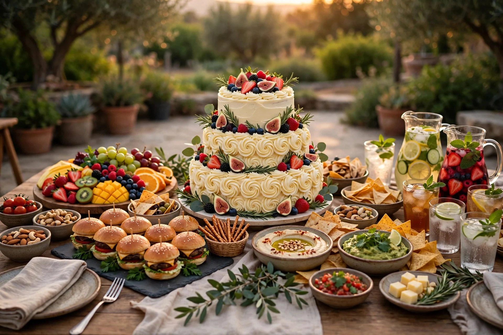 Birthday party food spread with a cake as the centerpiece