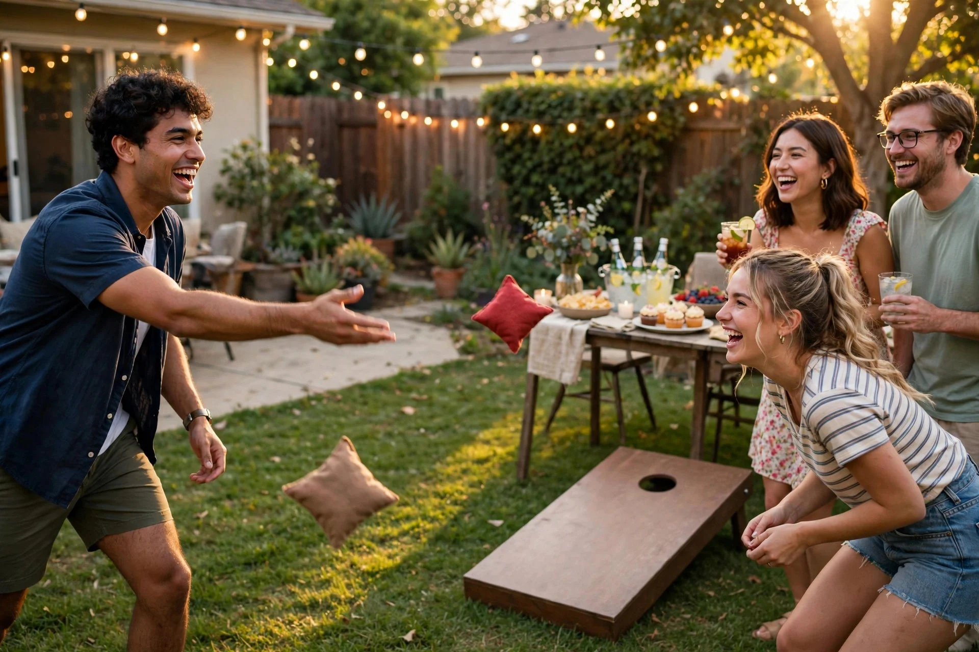 Party guests playing cornhole on a lawn at a backyard birthday party