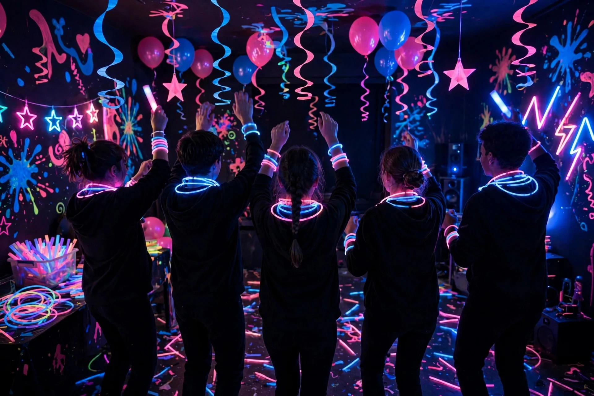 Teens at a glow in the dark neon birthday party with glow sticks and blacklight decorations