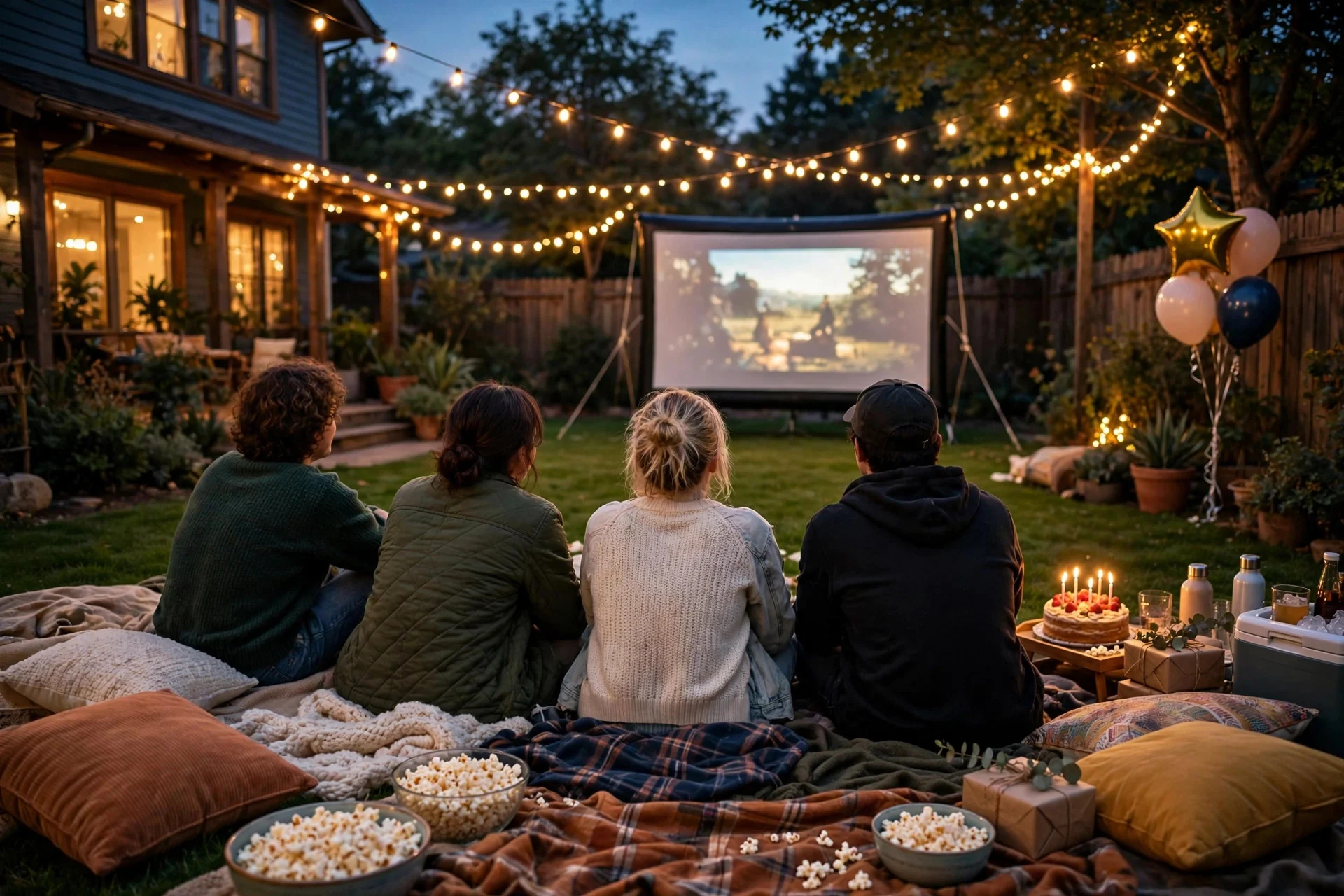 Backyard movie night birthday party with a projector screen, blankets and popcorn