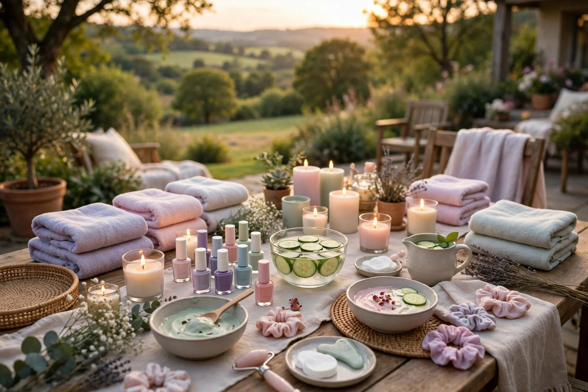 Teen spa and pamper birthday party table with towels, nail polish, cucumbers and candles