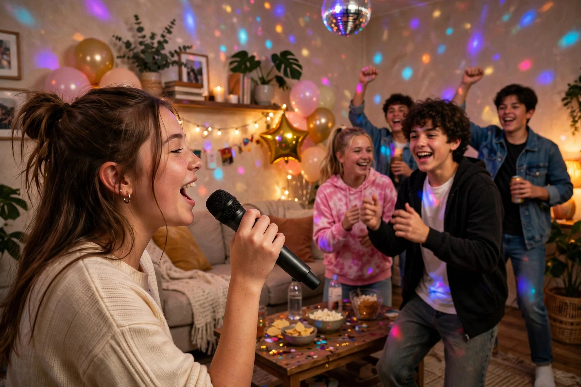 Teen karaoke birthday party with a microphone, disco lights and friends singing together