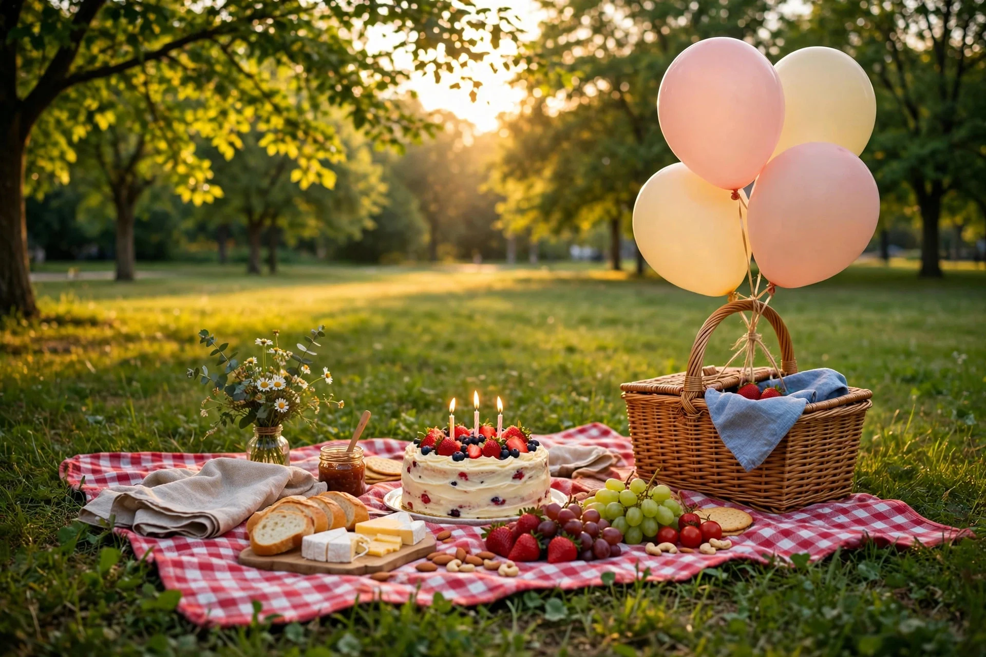 Park picnic birthday party with a checkered blanket, birthday cake and balloons on a basket