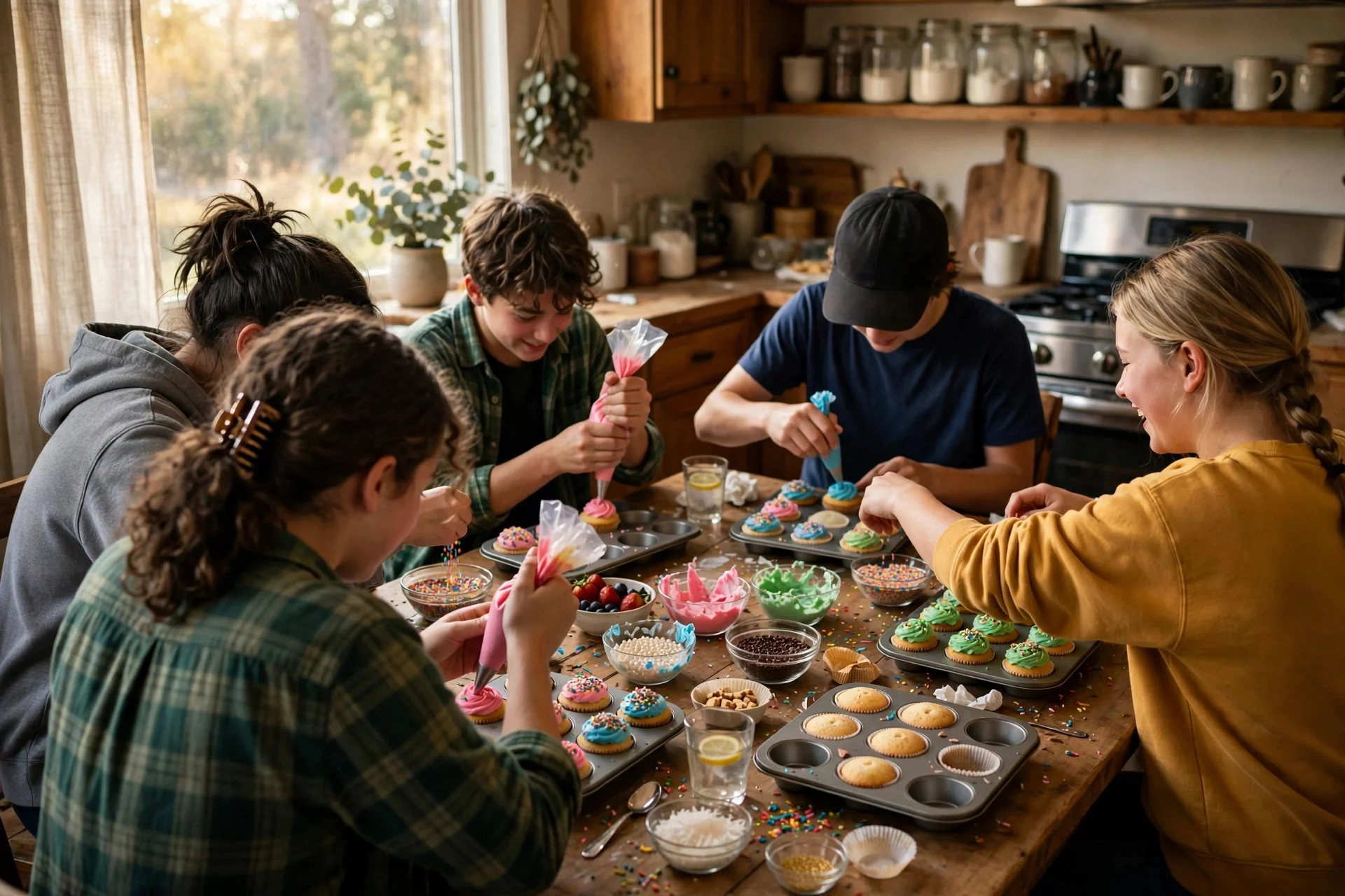 Teens decorating cupcakes at a baking challenge birthday party with frosting and sprinkles