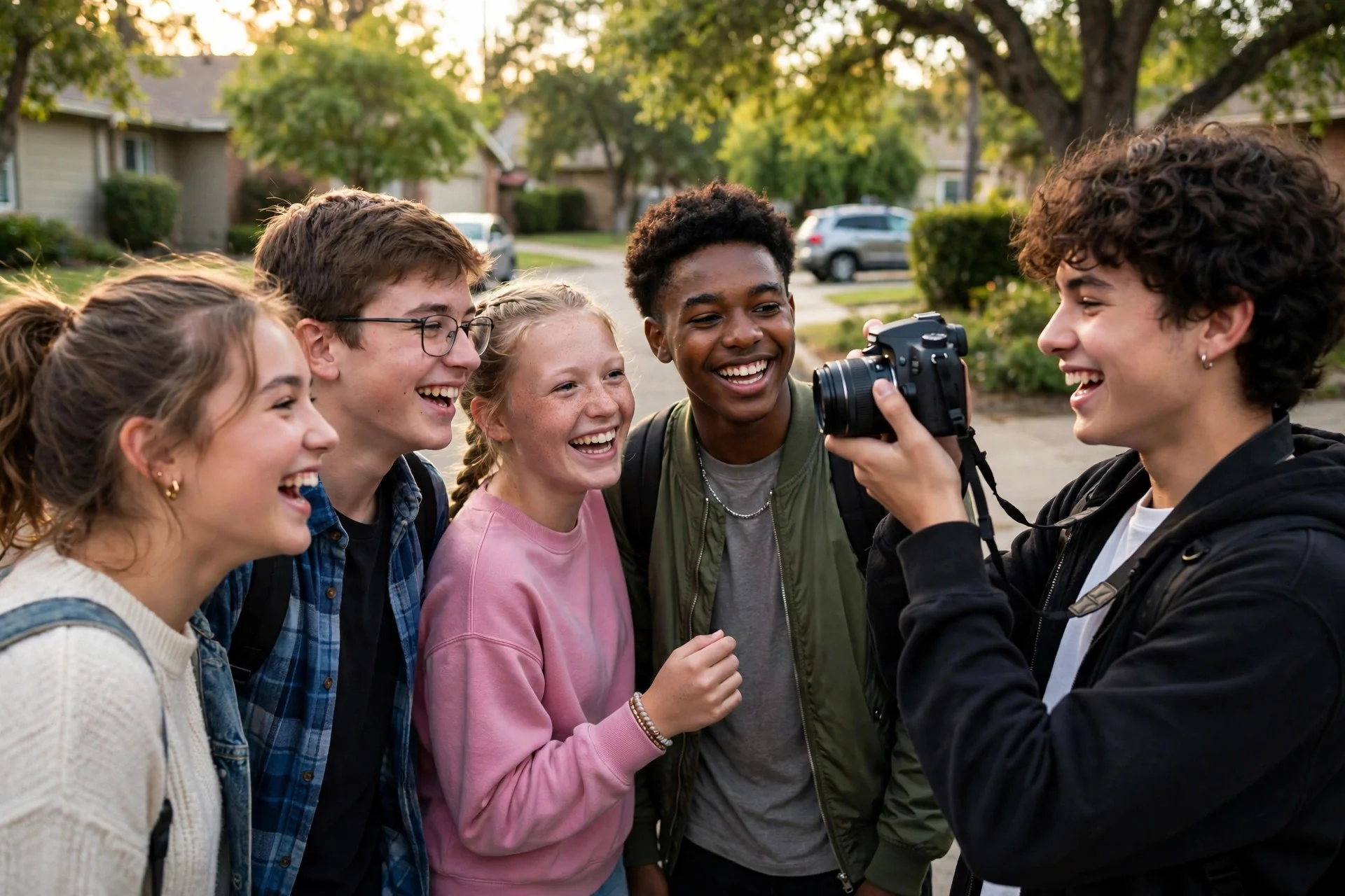 Teens laughing outdoors during a photo scavenger hunt birthday party with a camera