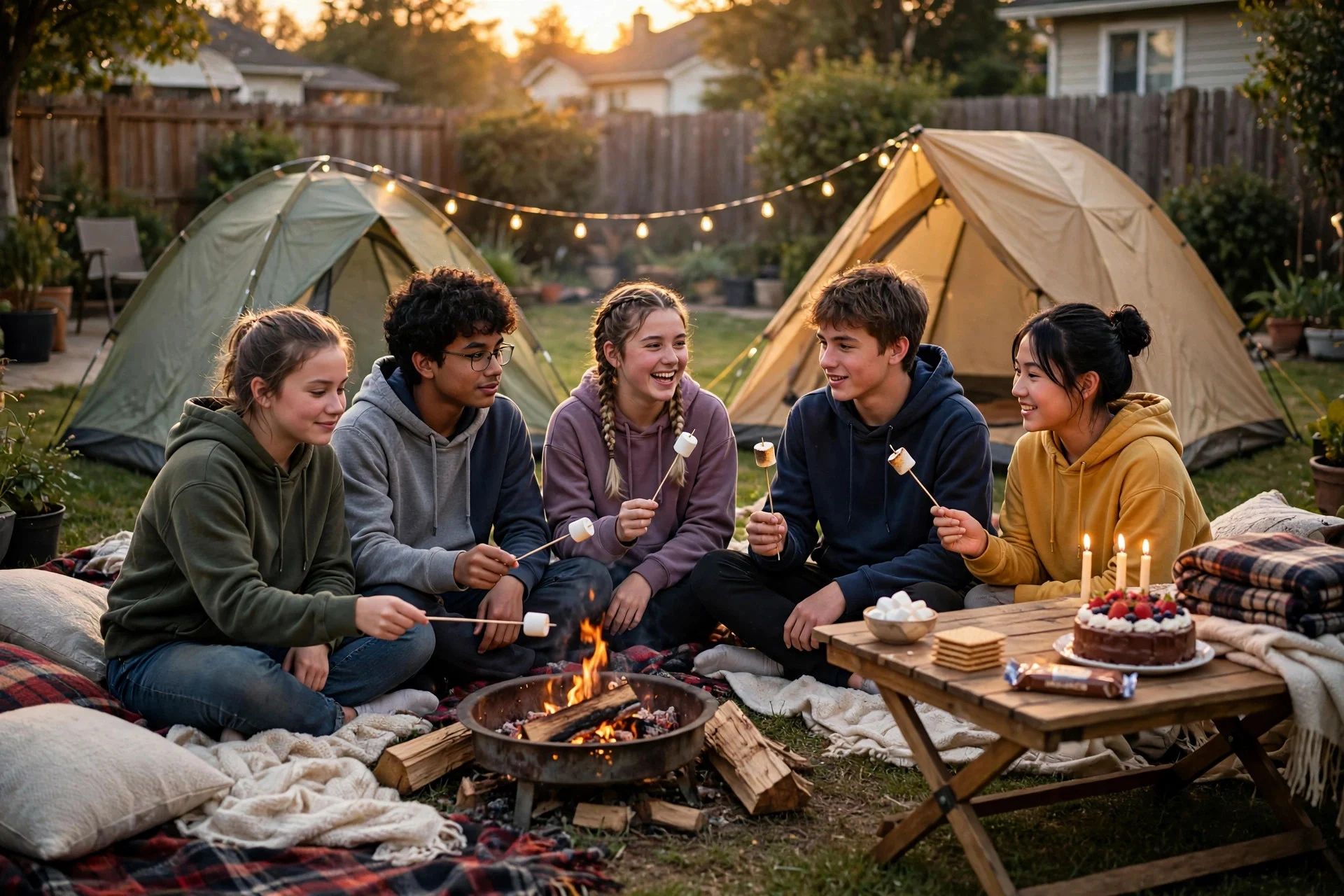 Backyard campout birthday party with tents, string lights and s'mores around a fire pit