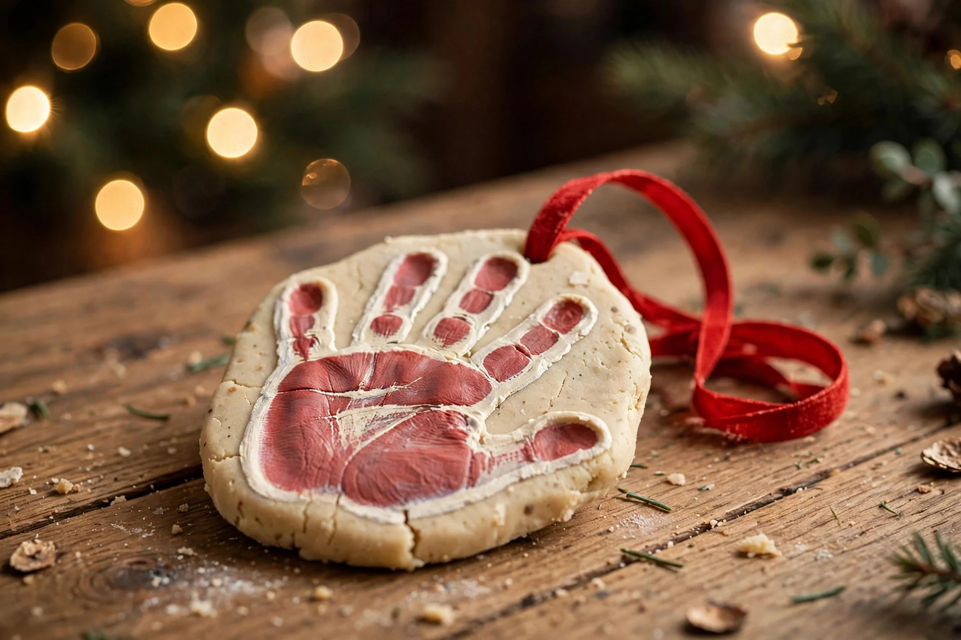 Painted salt dough handprint ornament with red ribbon hanging on a Christmas tree