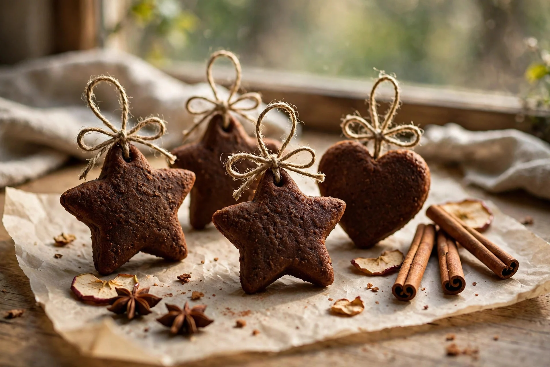 Homemade cinnamon applesauce star and heart ornaments with twine loops on parchment paper