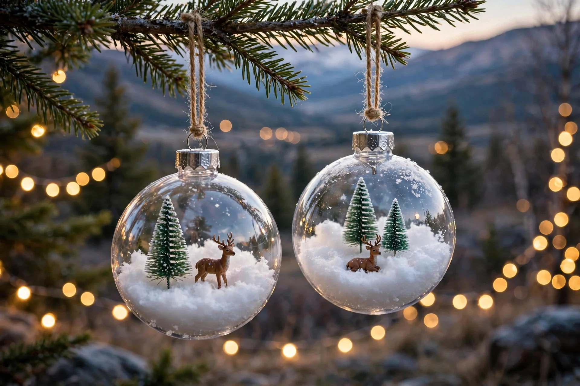 Clear fillable ball ornaments filled with fake snow and tiny Christmas trees hanging on a tree
