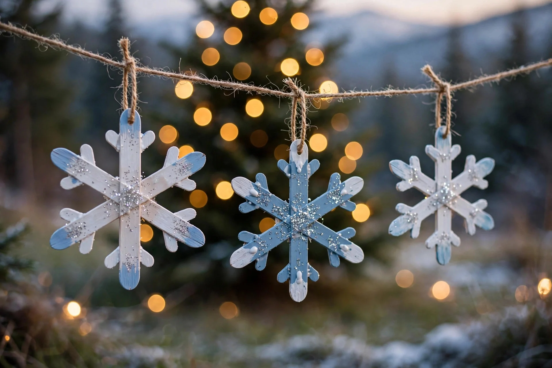Popsicle stick snowflake ornaments painted white and blue with glitter hanging from twine