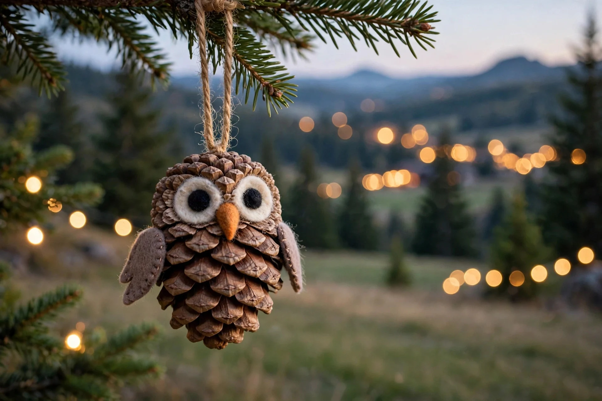 Pinecone owl ornament with felt eyes and wings hanging by twine on a Christmas tree branch