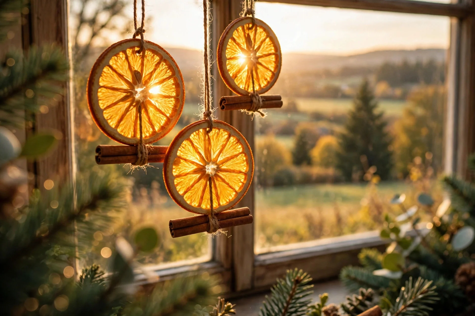 Dried orange slice ornaments with cinnamon sticks glowing in warm window light