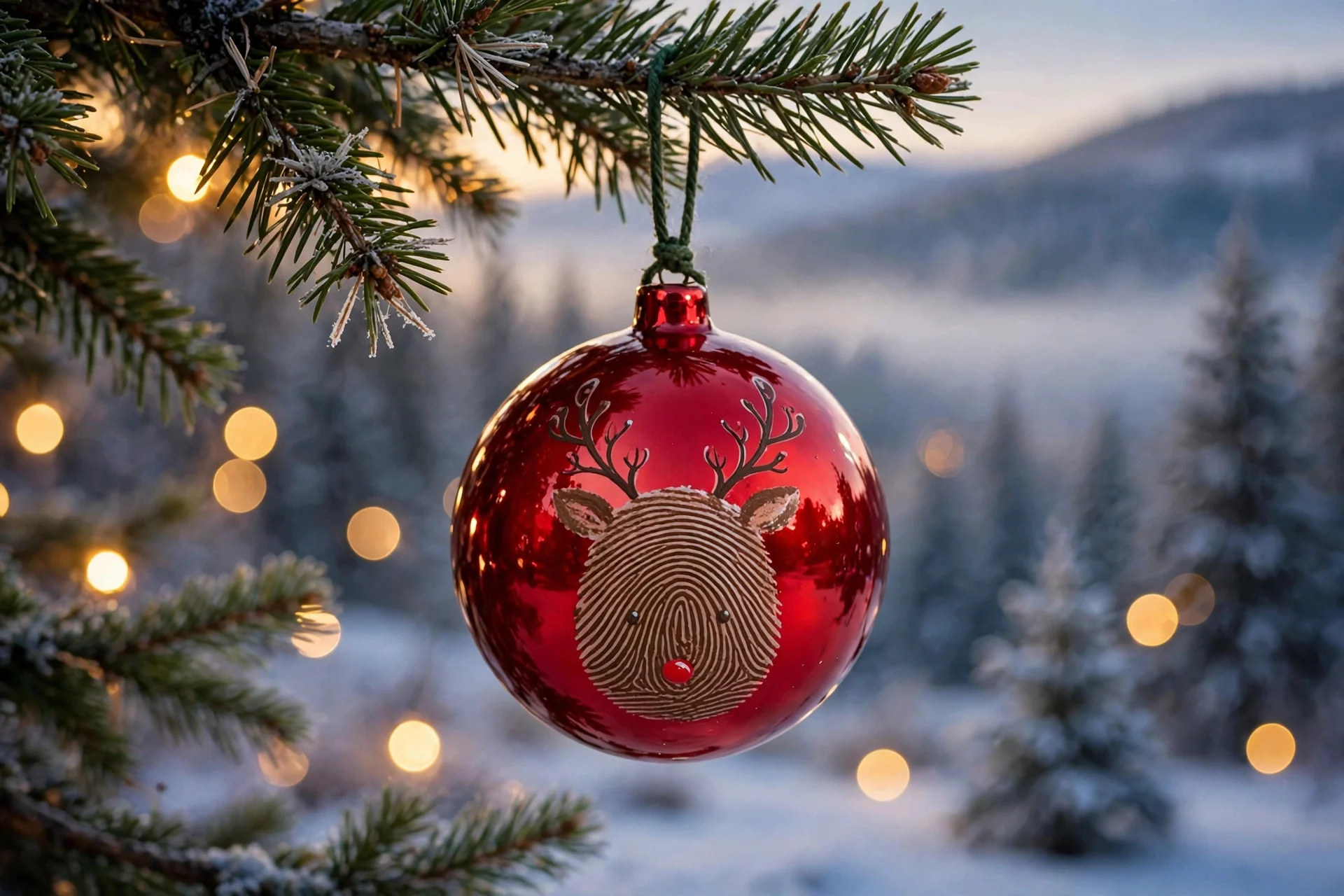 Red Christmas bauble with a fingerprint reindeer painted on it hanging on a tree