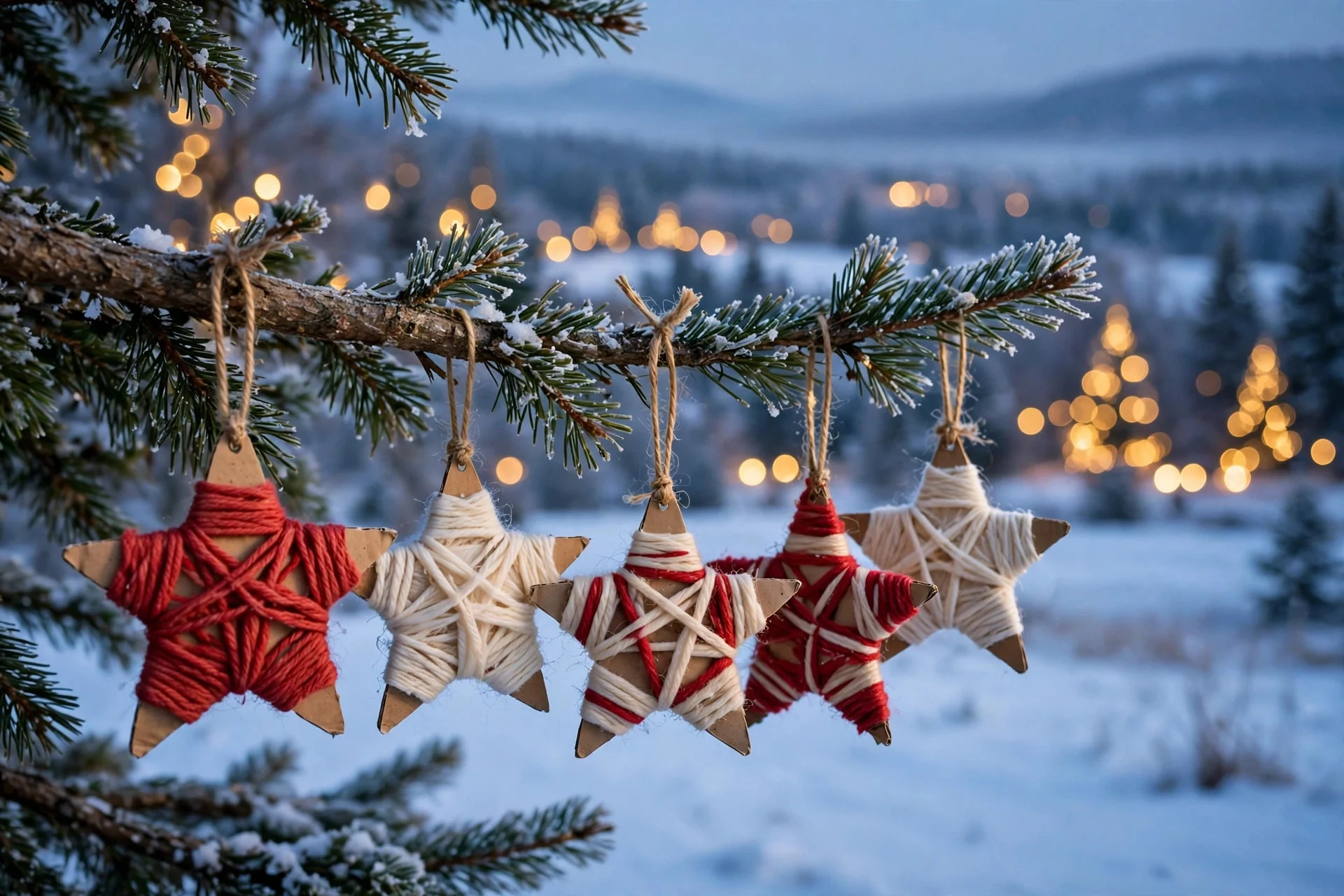 Star ornaments wrapped in red and cream yarn hanging on a Christmas tree