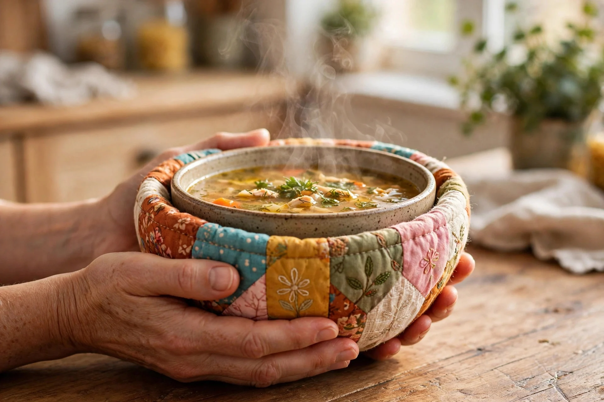 Hands holding a hot bowl of soup in a colorful patchwork fabric bowl cozy