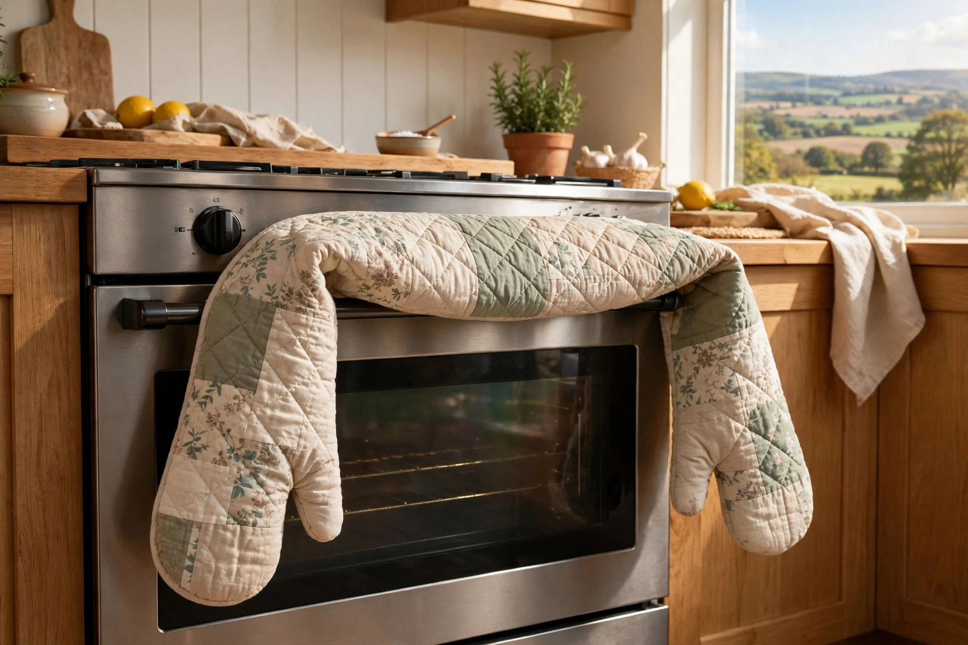 Long quilted double oven mitt draped over an oven door handle