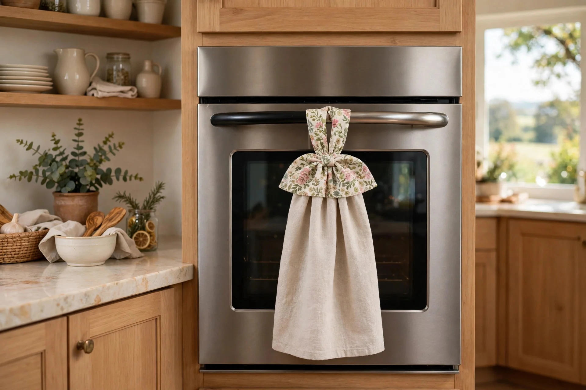 Dish towel with a floral fabric topper hanging from an oven door handle