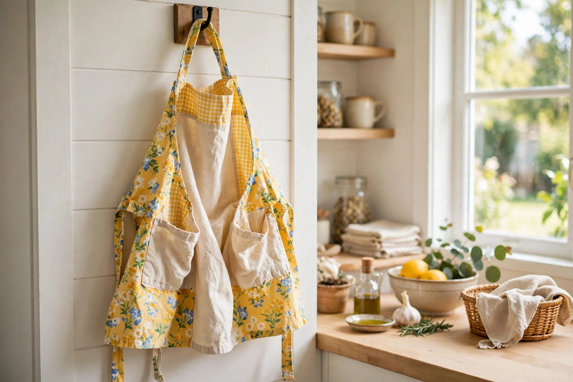 Handmade lined apron with pockets hanging on a hook in a bright kitchen