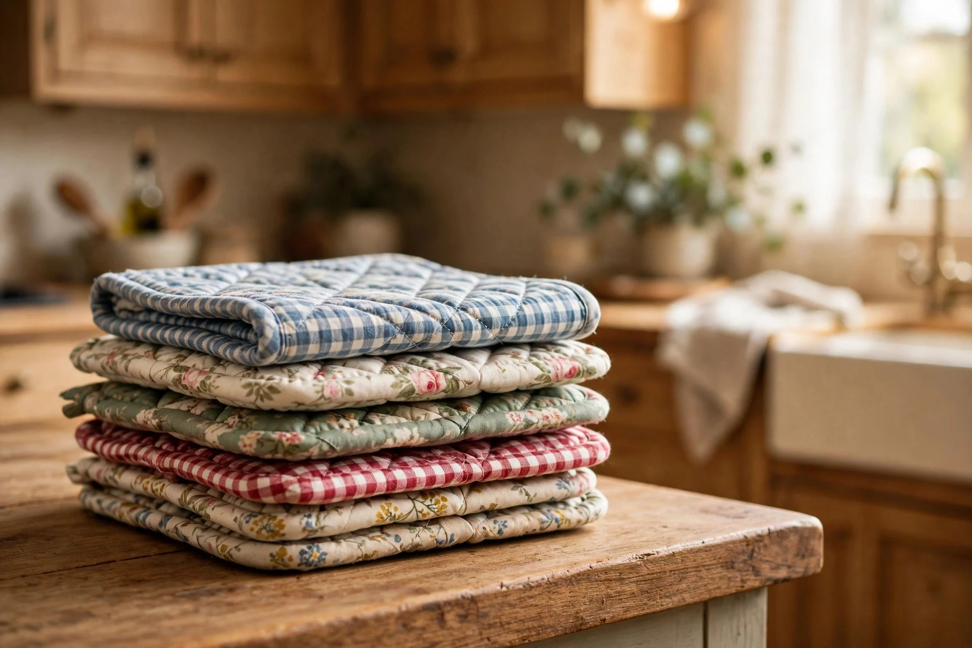 Stack of handmade quilted pot holders in floral and gingham fabrics