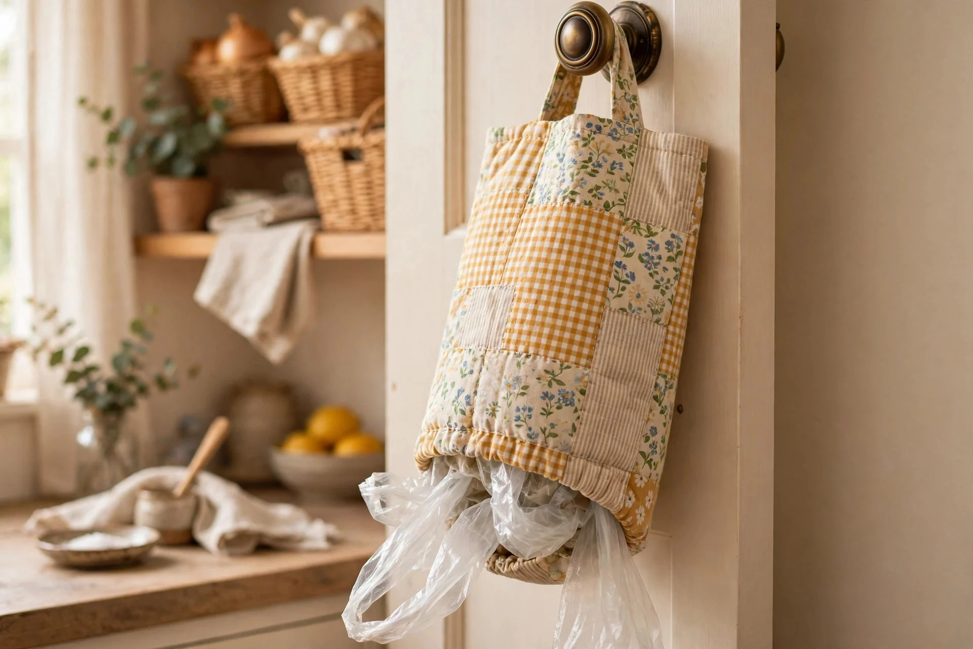 Fabric grocery bag holder hanging on a pantry door with bags at the opening