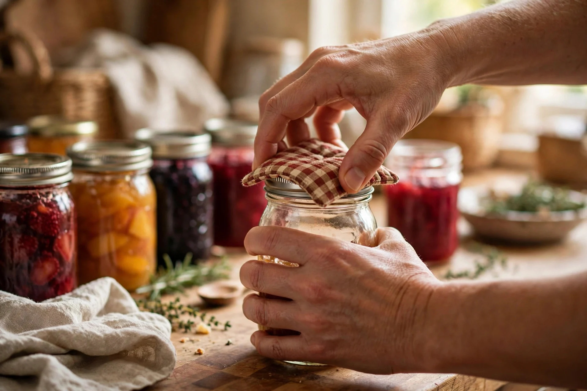 Hands twisting open a jar lid using a small fabric grip pad