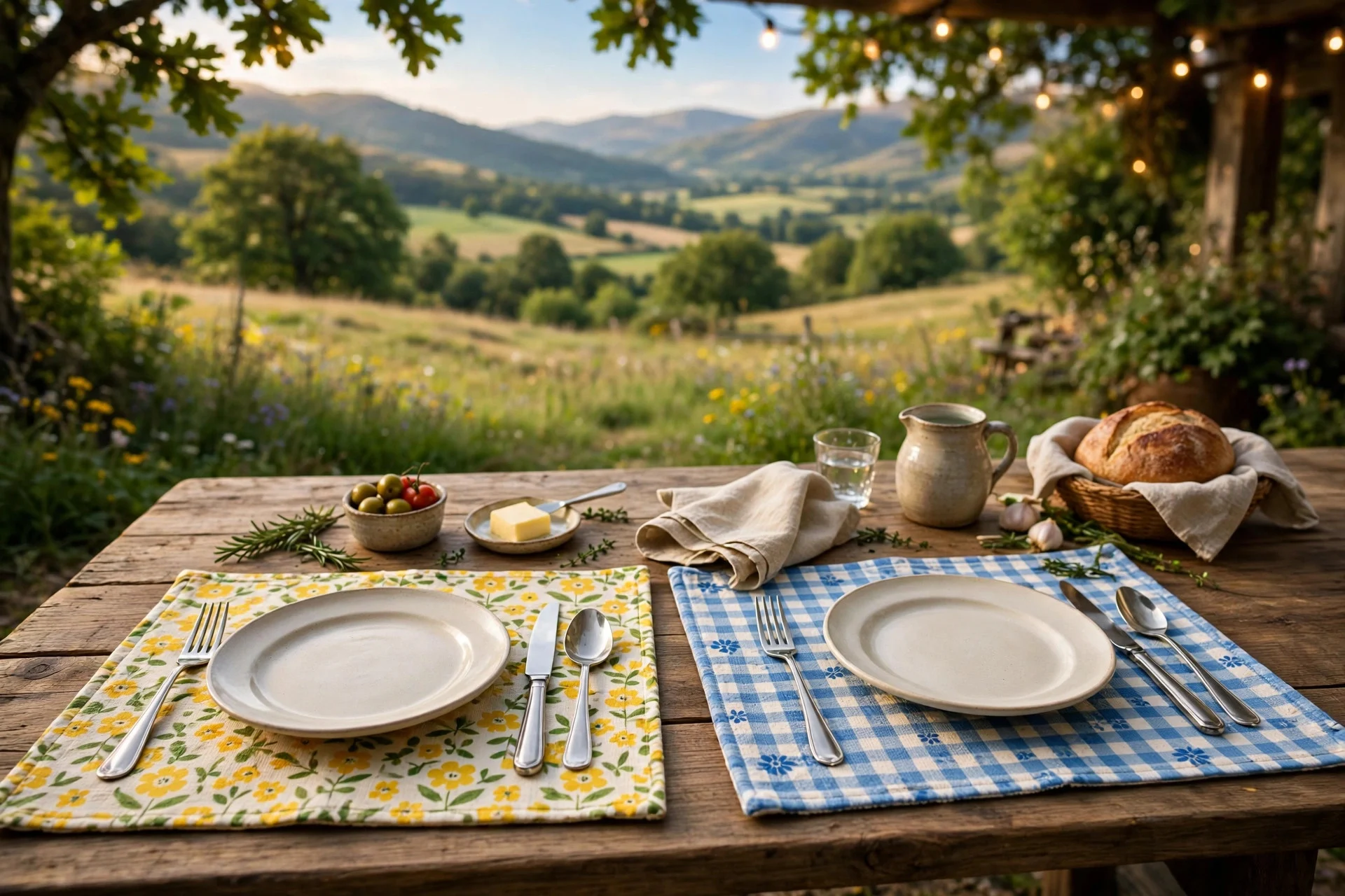 Dining table set with reversible handmade fabric placemats