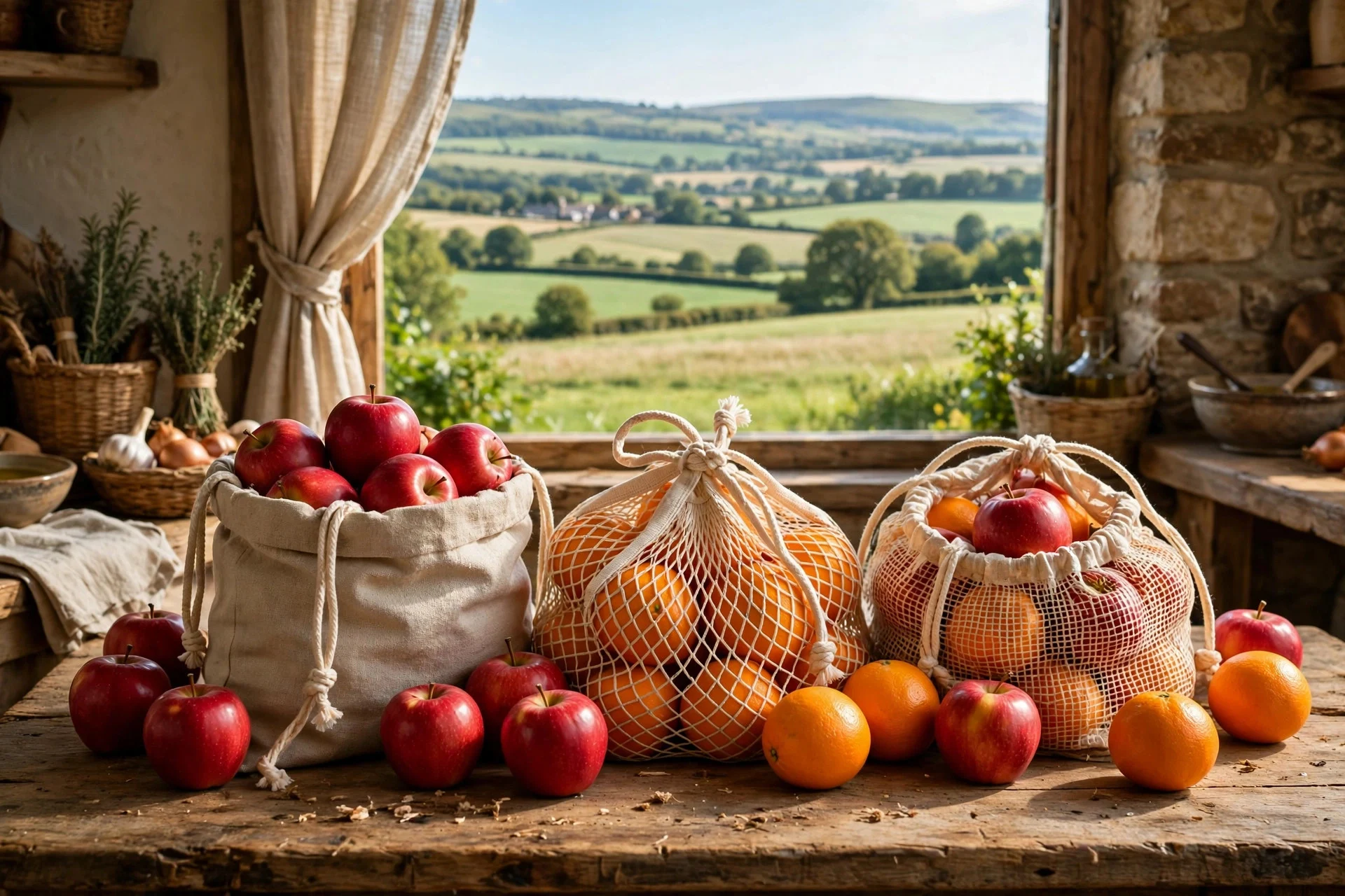 Handmade drawstring produce bags filled with apples on a wooden table