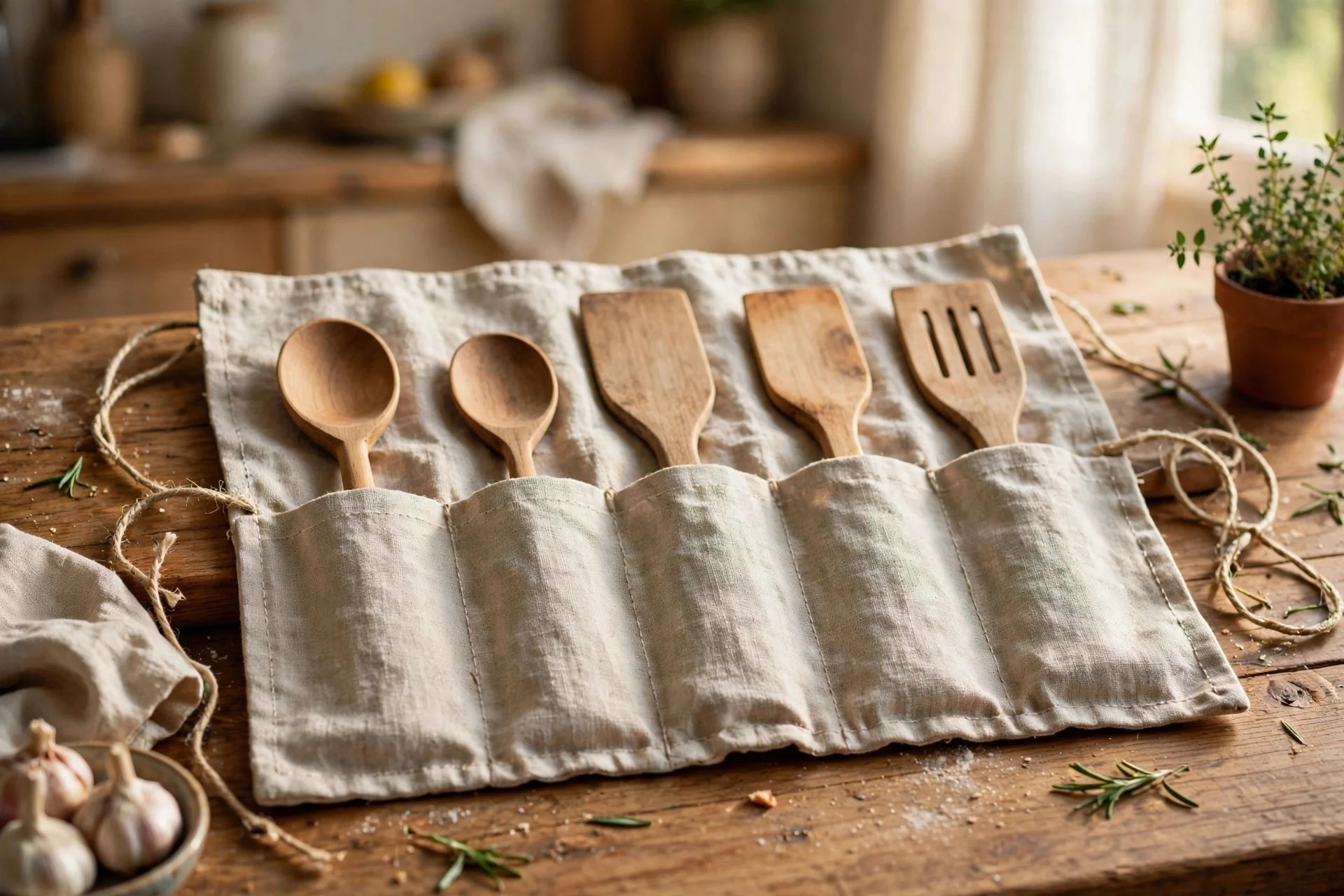 Open fabric utensil roll with wooden spoons tucked into its pockets