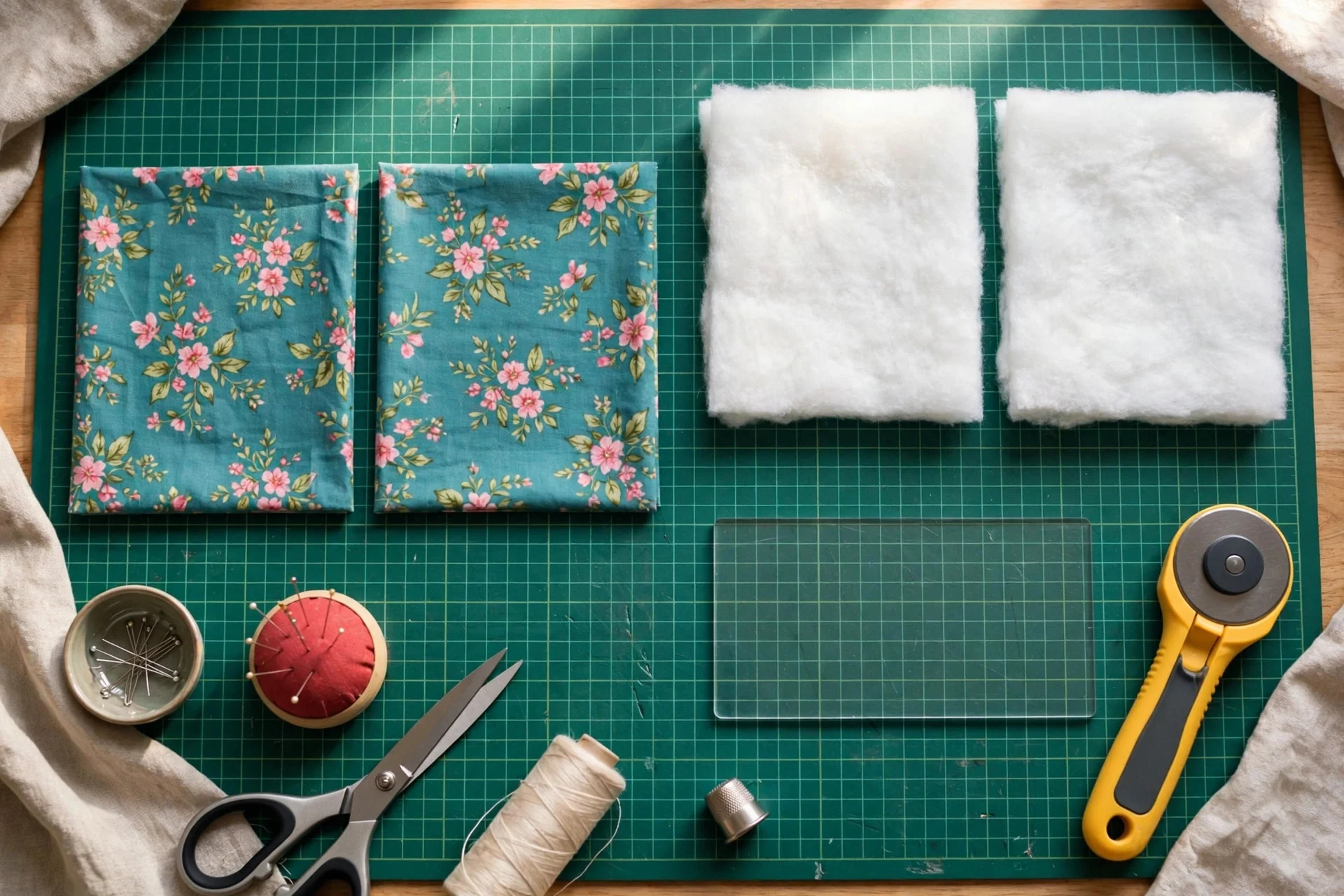 Two fabric squares and two batting squares laid out on a cutting mat with a rotary cutter and quilting ruler