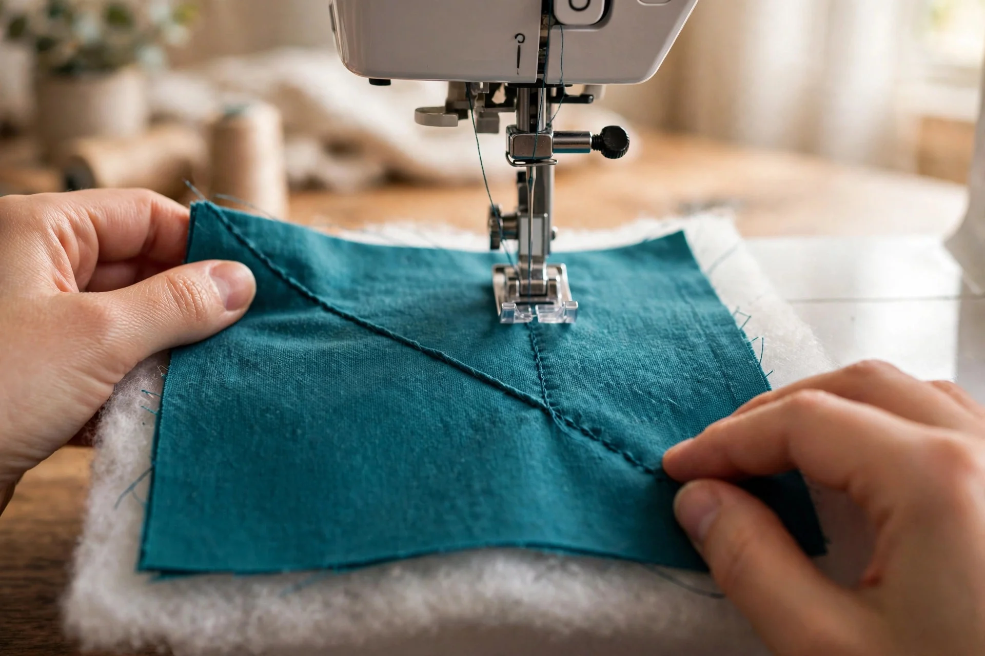 Sewing machine stitching a diagonal X across a fabric and batting square