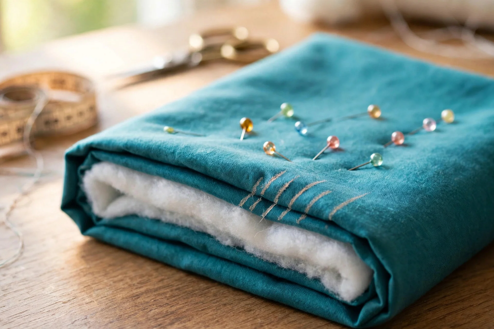 Folded fabric square with chalk-marked dart lines held by pins, ready to sew