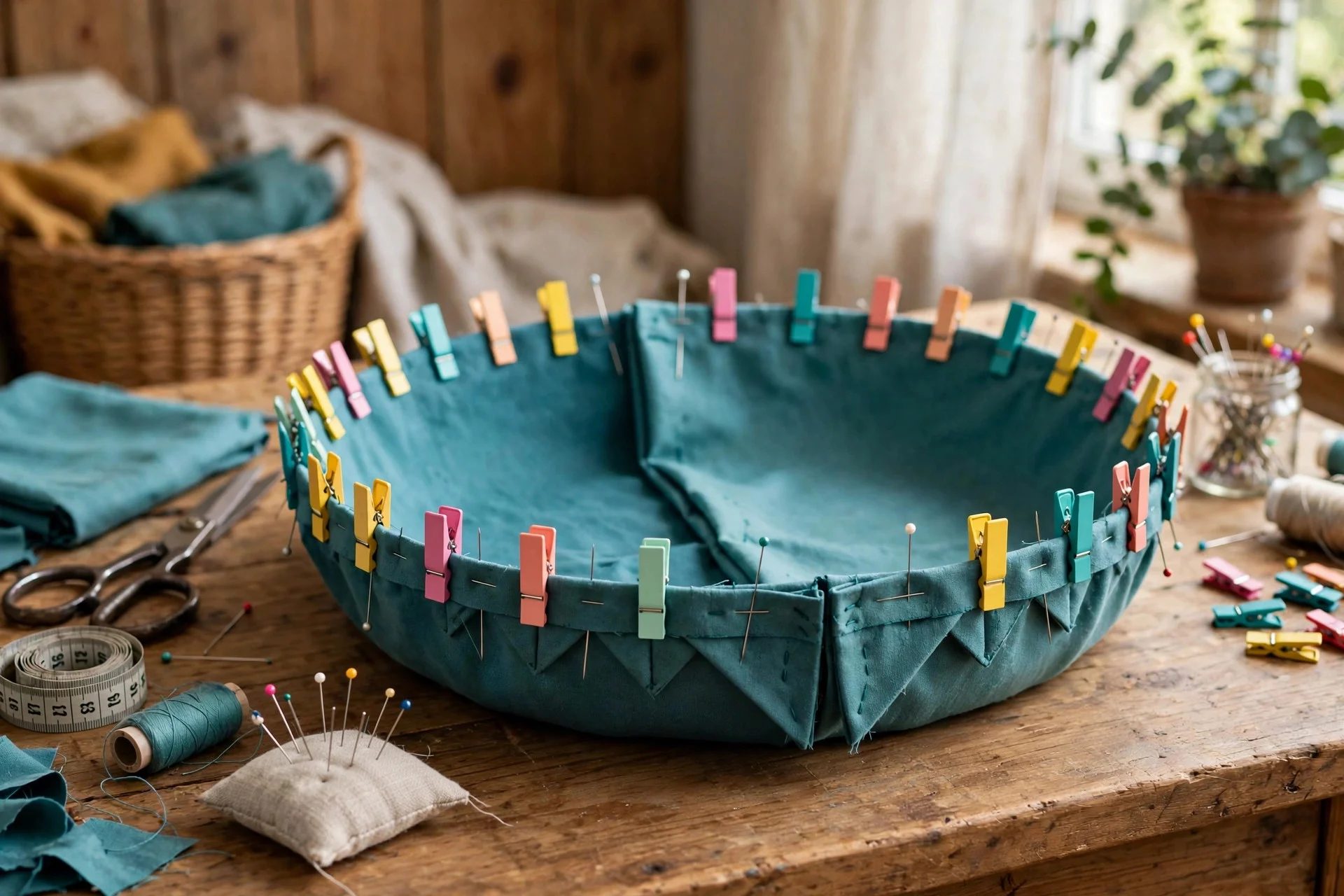 Two bowl cozy halves pinned right sides together with dart seams nested flat