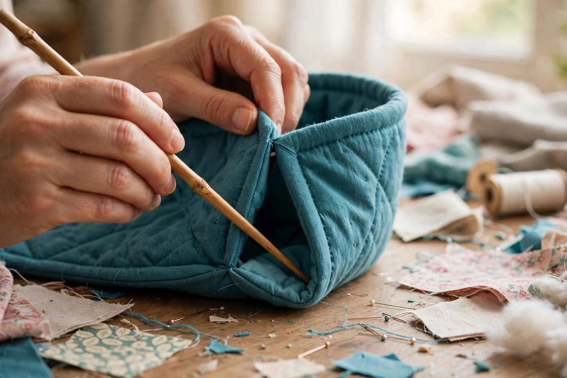 Hands turning a sewn bowl cozy right side out and pushing out the corners with a chopstick