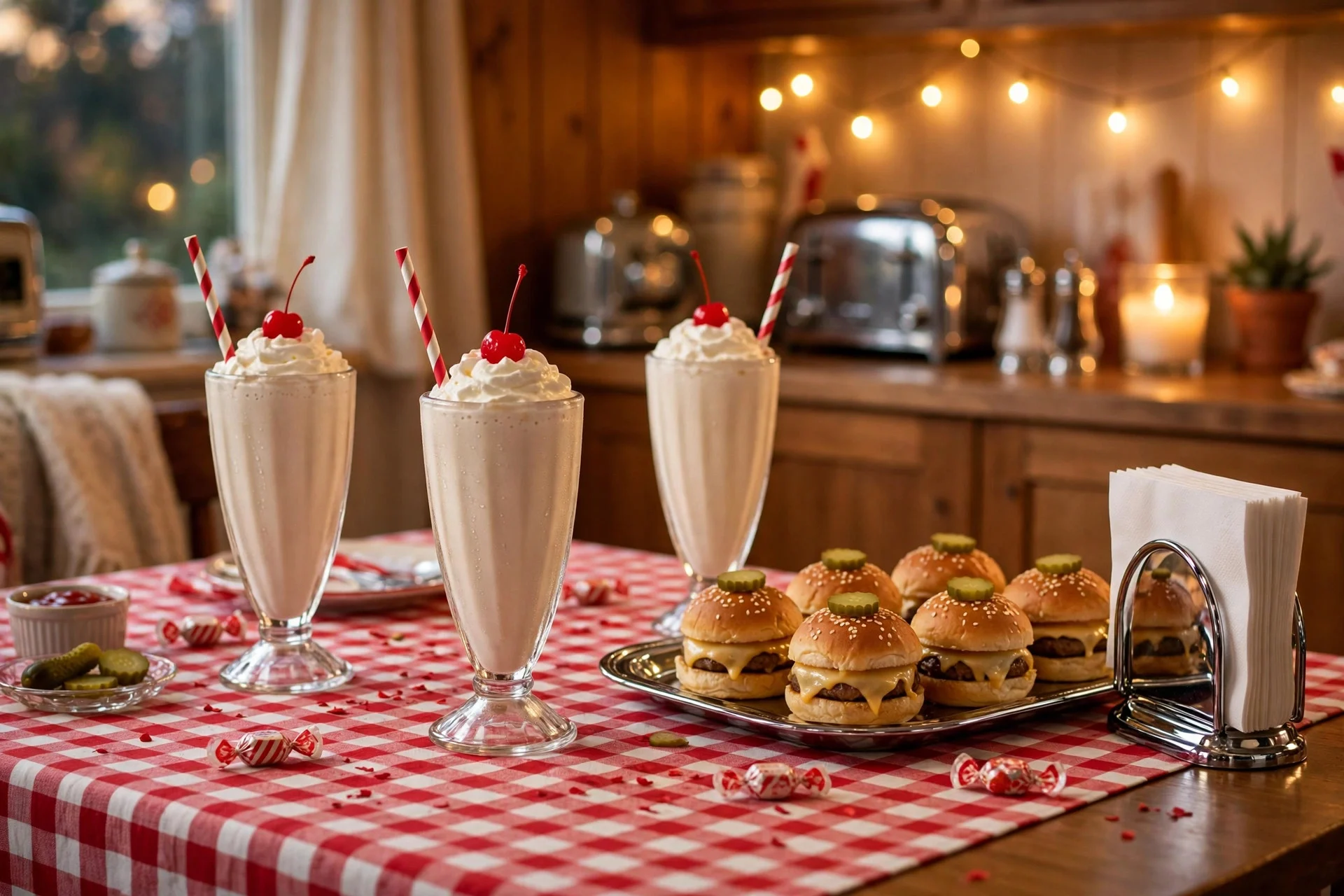 Retro diner themed birthday table with a red and white checkered cloth, milkshake glasses, and mini burgers