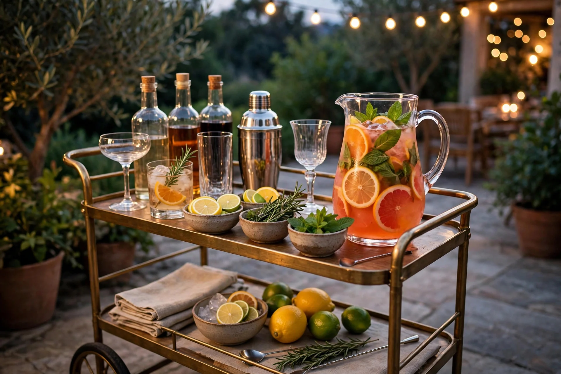 Home cocktail and mocktail bar cart with citrus, herbs, and pretty glasses ready for mixing