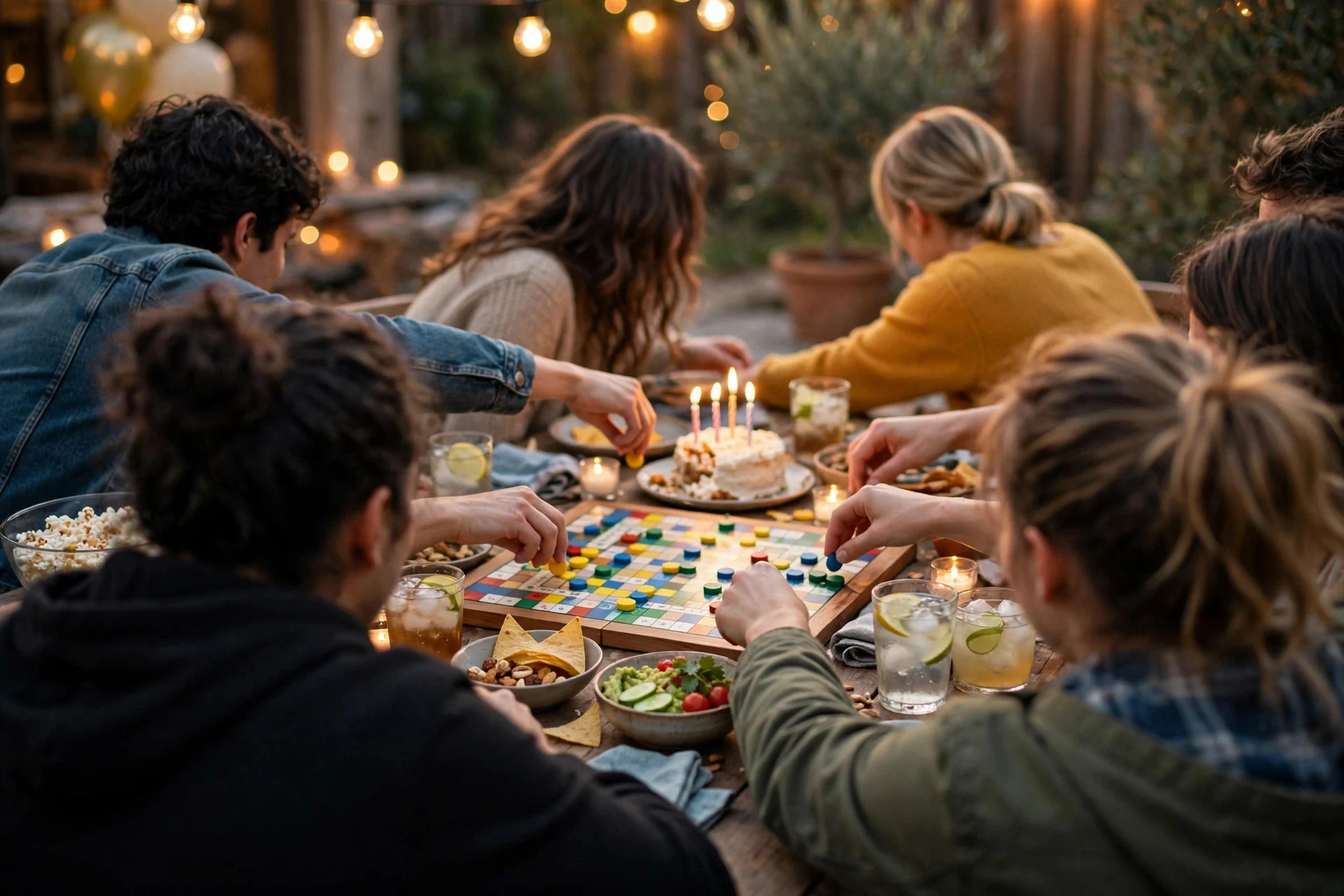 Friends gathered around a table playing a board game with snacks and drinks nearby